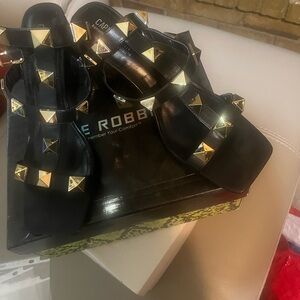 Cape Robbin-Black Studded Slide Sandals with Gold Pyramid Studs